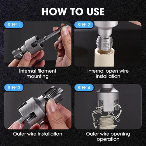 Upgrade 4 in 1 Water Pipe Wrench For Electric Drills handles installation steps for 1/2, 3/4, and 1 inch PVC pipes.
