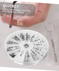 Eyeglass Repair Kit With Screws And Mini Screwdriver And Storage Case shown with assorted screws in a round case.