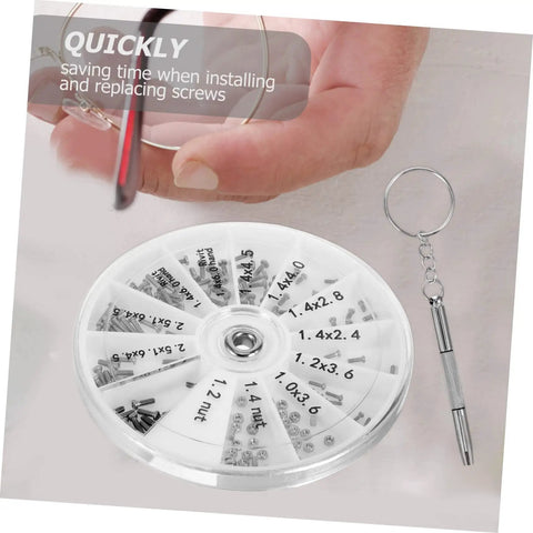 Eyeglass Repair Kit With Screws And Mini Screwdriver And Storage Case shown with assorted screws in a round case.