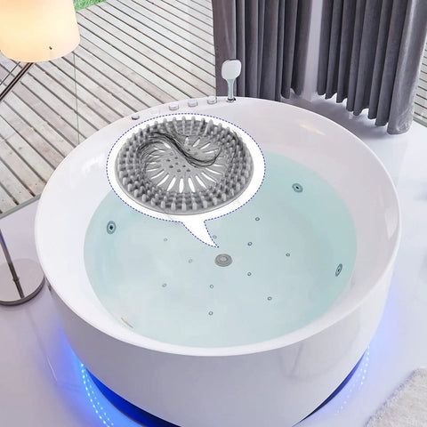 Durable Silicone Hair Catcher Inside Drain Protector for bathroom bathtub showing gray stopper in white tub.