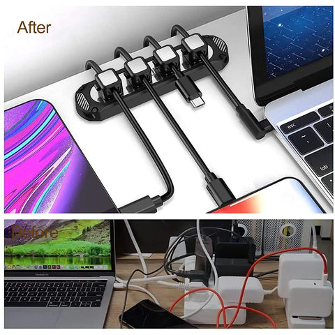 Magnetic Cable Holder Six Slot Cable Clips For Under Desk Self Adhesive Wire Organizer Black with cables neatly arranged on desk