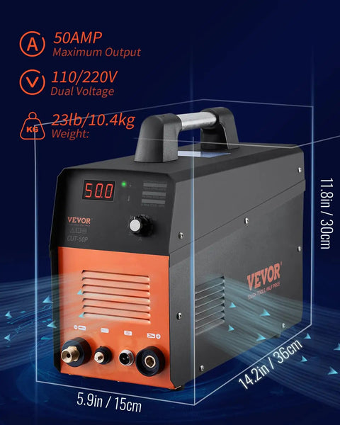 Pro Spec 50 Amp Plasma Cutter With Non-Touch Pilot Arc Torch, Dual Voltage 110V And 220V IGBT Inverter, side view showing controls and dimensions.