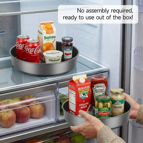 Heavy Duty Metal Lazy Susan Turntable Organizer With Slick Gunmetal Finish And Hella Sturdy Spinning Rack For Kitchen Counter And Pantry Storage Plus Compact 9 8 Inch Rotating Tray Set Includes Two Pieces with drinks in refrigerator