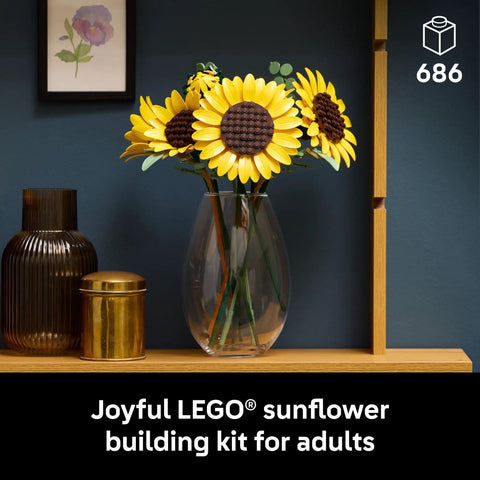 Botanical Sunflower Bouquet Building Kit For Adults 18 Plus DIY Floral Decor Craft For Home Office Bedroom Six Sunflowers In Various Stages Cool Gift For Birthdays Housewarming And Trendy Displays. 686-piece LEGO sunflower bouquet in vase