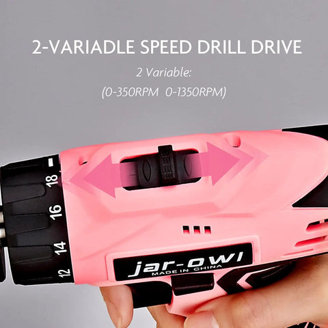 Close-up of speed control on Pink 21V Cordless Drill Driver Set With Three Eighth Inch Keyless Chuck Two 1.5Ah Batteries And Charger