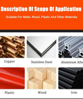 Ausenzup counterbore drill bit set infographic: materials copper, stainless steel, aluminum alloy, plastic, wood, iron.