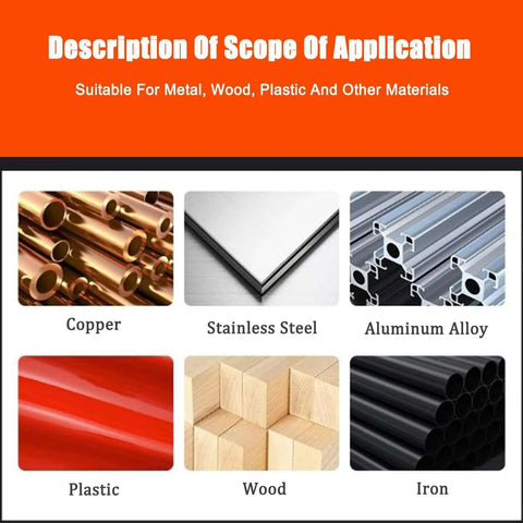 Ausenzup counterbore drill bit set infographic: materials copper, stainless steel, aluminum alloy, plastic, wood, iron.