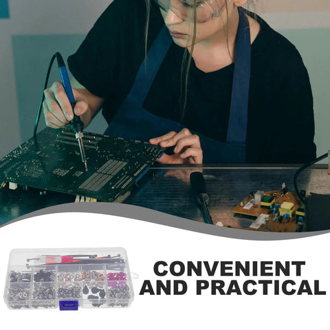 Person soldering a circuit board with 332 PC Computer Screws Kit For Repair And Maintenance Iron Nickel Plated visible