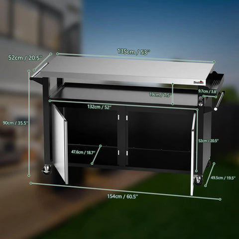 Rolling Outdoor Kitchen Island With Stainless Steel Table Top, BBQ Grill Cart, dimensions in cm and inches displayed