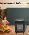 Portable Propane Radiant Heater With 18000 BTU For Warmth Up To 450 Sq Ft next to a child on a toy near a Christmas tree.