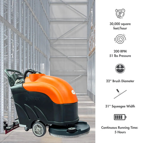 22 Inch Walk Behind Commercial Floor Scrubber Cordless Battery Powered With Dual 13 Point 2 And 14 Point 5 Gallon Tanks Up To Five Hours Runtime 31 Inch Squeegee Hard Floor Cleaner For Tile Concrete Epoxy And VCT