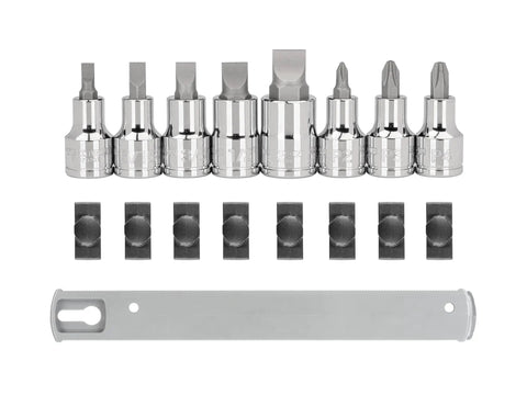 Half Inch Drive Phillips And Slotted Bit Socket Set With Rail Eight Piece Includes Two To Four Phillips And One Quarter Inch To Five Eighths Inch Slotted Sockets Eight Inch Rail S2 Steel Bits For Precise Fit And Tough Jobs