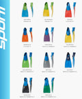 Colorful swim fins in various sizes displayed on a size chart, including Floating Long-Blade Swim Fins for Training, Adult and Kids.