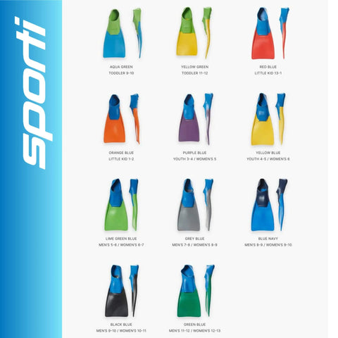 Colorful swim fins in various sizes displayed on a size chart, including Floating Long-Blade Swim Fins for Training, Adult and Kids.