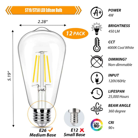Brighten Up Your Space With LED Filament Bulbs, E26 Base, 4W Real Power, 450 Lumens, 4000K Cool White, Not Dimmable shown with features