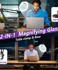 12X Magnifying Glass With Light And Swing Arm Stand for crafts shown with table clamp and desk base, LED lighting.