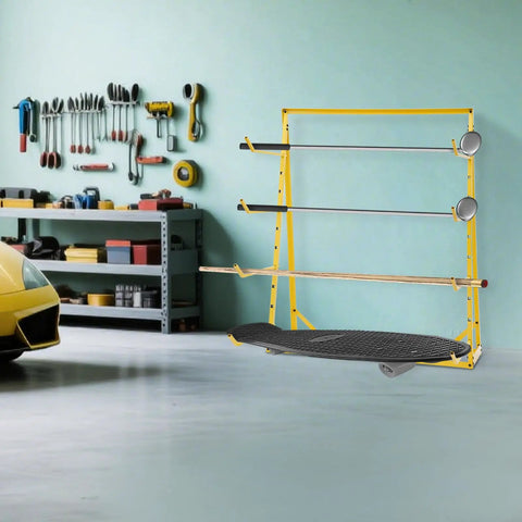 Heavy Duty Four Tier Cantilever Storage Rack With Badass 440 Lb Capacity Adjustable Pipe Organizer And Zero Hassle Freestanding Lumber Setup For Real Garage Grind Meant To Handle Long Boards Without Drilling In Bright Yellow