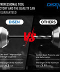 Comparison of CRV steel vs carbon steel, showing strength and tool length differences. "DISEN" product on left, "Others" on right.