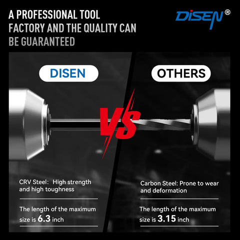 Comparison of CRV steel vs carbon steel, showing strength and tool length differences. "DISEN" product on left, "Others" on right.