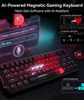 65 Percent Mechanical Gaming Keyboard With Hall Effect Magnetic Switches And Lightning Fast Rapid Trigger Featuring Adjustable Actuation Zero Lag 8000Hz Polling Buttery Smooth RGB Backlight Built For Competitive Sets And Slick Counter Strafe Control On with AI software and glowing keys.