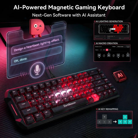 65 Percent Mechanical Gaming Keyboard With Hall Effect Magnetic Switches And Lightning Fast Rapid Trigger Featuring Adjustable Actuation Zero Lag 8000Hz Polling Buttery Smooth RGB Backlight Built For Competitive Sets And Slick Counter Strafe Control On with AI software and glowing keys.