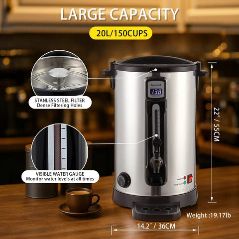 100 Cup Commercial Coffee Urn, 20L Double Wall Stainless Steel Coffee Maker With Adjustable Temperature Control And Keep Warm