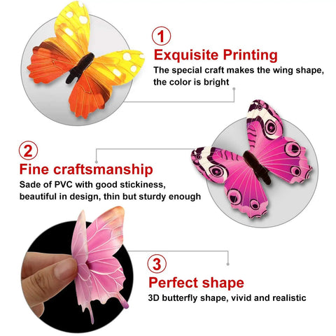 3D glow butterfly wall decor highlighting exquisite printing, fine craftsmanship, and perfect shape with adhesive tags.