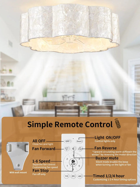 18" Coastal Boho Capiz Shell Ceiling Fan with Light and Remote,Flush Mount shown with remote control features and light fixture.