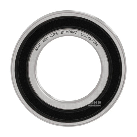 Close-up of 10 Pack 6802 2RS Ball Bearings 15x24x5mm with double rubber seals, pre-lubricated chrome steel for DIY projects.