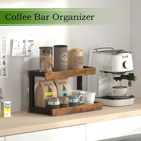 Two Tier Countertop Spice Rack Organizer in Rustic Brown Wood Finish with coffee supplies on kitchen counter