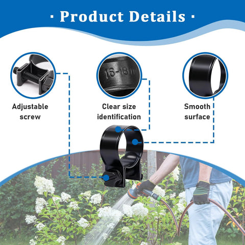 Eoppen fuel line hose clamp set, black metal, adjustable screw, 8–18mm range with 16–18mm close-up, installed on hose