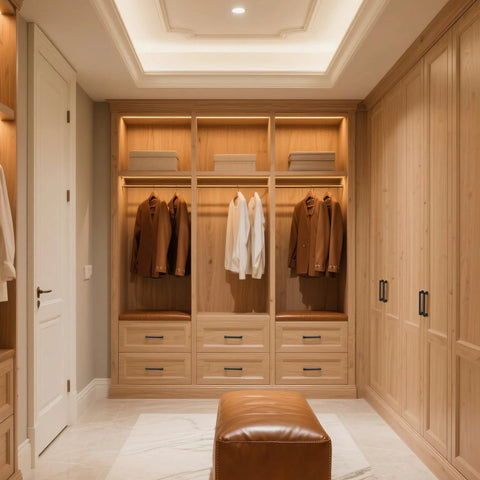 Elegant wardrobe with 10 Pack 5 Inch Hole Center Matte Black Modern Cabinet Pulls installed on light wood drawers