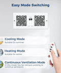 Room To Room Air Transfer Fan With Two Way Reversible Through Wall Ventilation 300 CFM Dual Fans Remote Control displayed with modes