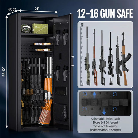 Beefy Biometric Gun Safe for 12 Rifles and 4 Pistols With Digital Keypad Large Fingerprint Safe Adjustable Shelves and Dividers