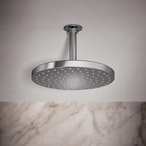 Awaken 10 Inch Rain Shower Head No Fuss Swivel Ball Design, polished chrome finish, mounted on ceiling