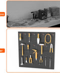 Comparison of messy workbench and organized tools on Heavy Duty Metal Pegboard Panels For Wall Garage Gear Storage