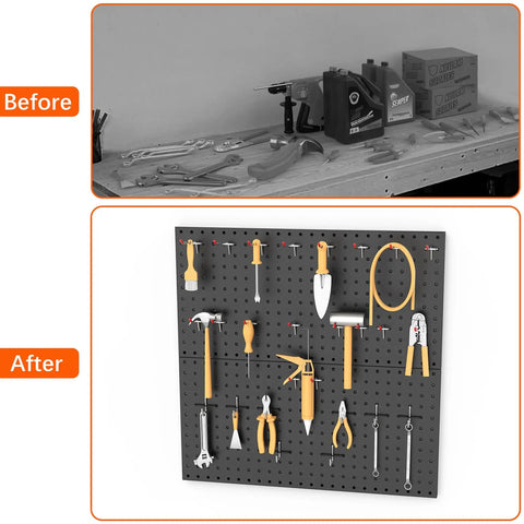 Comparison of messy workbench and organized tools on Heavy Duty Metal Pegboard Panels For Wall Garage Gear Storage