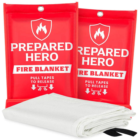 Emergency Fire Blanket 2 Pack For Home And Kitchen, 39 By 39 Inch Fiberglass Fire Suppression Blanket, red pouch and blanket visible.