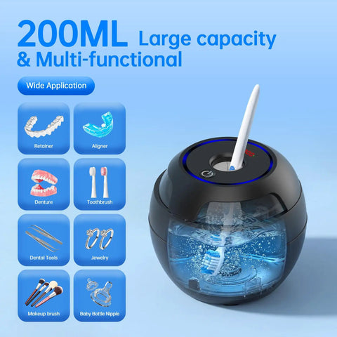 Go-To Ultrasonic Retainer Cleaner Pod With 45KHz Deep Cleaning, Digital Timer, 200ml Tank shown with various dental items and jewelry.