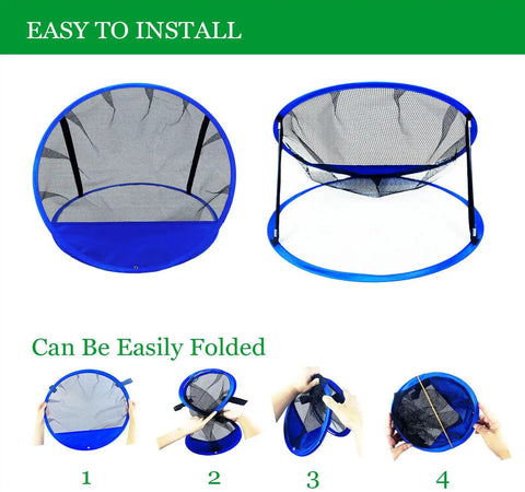 Portable Pop Up Golf Chipping Net With Carry Bag For Indoor And Outdoor Practice in the Backyard foldable shown in setup process.