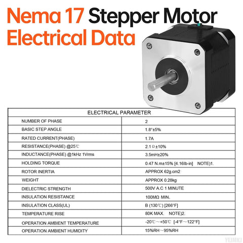 Nema 17 Stepper Motor electrical data chart with image, part of 5 Pack Nema 17 Stepper Motors Bipolar 2 Phase Dope Torque For DIY Builders