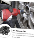 Using 10-Piece Broken Nut Remover Set And Bolt Extractor Tools For Stubborn Nuts And Rusty Bolts on car wheel