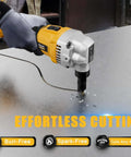 Person using Beast Mode Cordless Metal Nibbler with Assist Handle, cutting stainless steel effortlessly, compatible with DeWalt 20V battery.