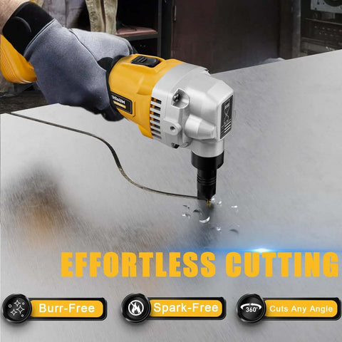 Person using Beast Mode Cordless Metal Nibbler with Assist Handle, cutting stainless steel effortlessly, compatible with DeWalt 20V battery.