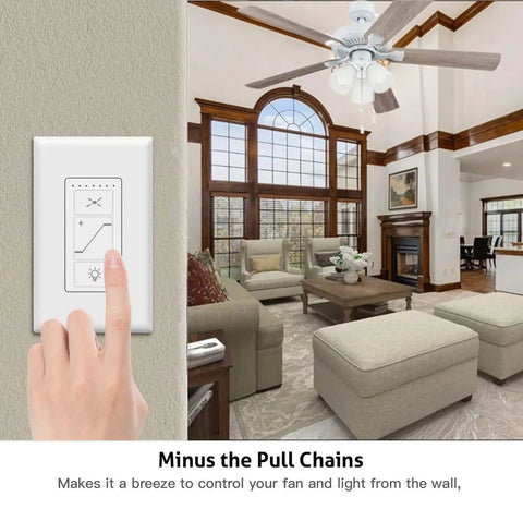 Hand using Ceiling Fan Control And Dimmer Wall Switch 2 In 1 Light And Ceiling Fan Combo Single Pole No Wi Fi Neutral Wire Required Plug And Play Install For Most Fans And Lights in living room