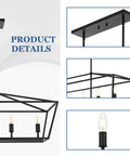4 Light Farmhouse Chandelier In Black Metal With Open Geometric Frame Vintage Dining Room Pendant Light fixture details