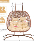 Two Person Outdoor Egg Chair With Stand Hexagon Rattan Wicker Swing Chair For Patio with beige cushions and dimensions