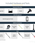 Included hardware tools for Built Tough 42U Four Post Open Frame Server Rack setup, featuring screws, wrenches, and cable management hooks.