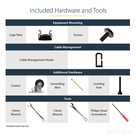Included hardware tools for Built Tough 42U Four Post Open Frame Server Rack setup, featuring screws, wrenches, and cable management hooks.