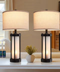 Set Of 2 Modern Table Lamps With USB Ports And Nightlight, Black Finish And White Frosted Glass on living room table